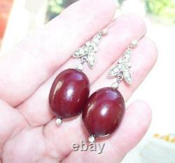 Rare Antique Georgian Cherry Amber Diamond Paste Chandelier Foil Back Earrings
