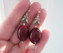 Rare Antique Georgian Cherry Amber Diamond Paste Chandelier Foil Back Earrings