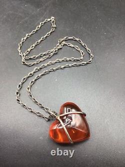 Red Amber Pendant Necklace Sterling Silver Handcrafted Chain Puffy Heart Pendant