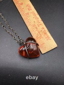 Red Amber Pendant Necklace Sterling Silver Handcrafted Chain Puffy Heart Pendant