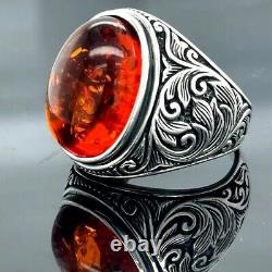 Red Amber Stone Ring, Men Silver Ring, Ottoman Amber Gemstone ring