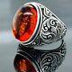 Red Amber Stone Ring, Men Silver Ring, Ottoman Amber Gemstone Ring