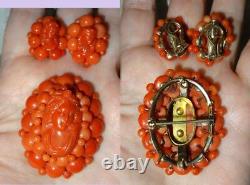 Red Coral Exquisite Hand Carved Cameo Brooch & Earrings? Antique 18k YG