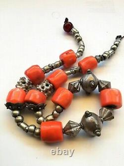 Red Coral Morrocan Berber Tribal Antique Natural Barrel Beads & Silver Necklace