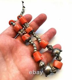 Red Coral Morrocan Berber Tribal Antique Natural Barrel Beads & Silver Necklace