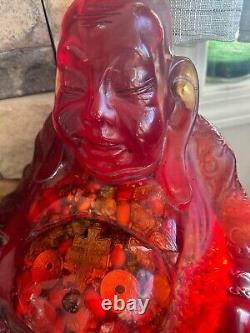 Red amber happiness buddha Large 12 h x 9w filled with grains and amulet etc