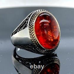 Red amber silver Gemstone Ring, Turkish Handmade Ring, Men's Statement ring