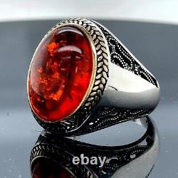 Red amber silver Gemstone Ring, Turkish Handmade Ring, Men's Statement ring