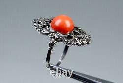 Silver Antique Art Deco Ring Natural Ø 0 7/16in Coral Markasite