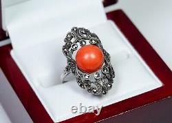 Silver Antique Art Deco Ring Natural Ø 0 7/16in Coral Markasite