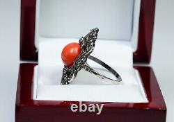 Silver Antique Art Deco Ring Natural Ø 0 7/16in Coral Markasite