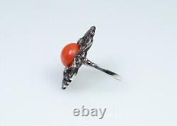 Silver Antique Art Deco Ring Natural Ø 0 7/16in Coral Markasite