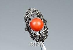 Silver Antique Art Deco Ring Natural Ø 0 7/16in Coral Markasite