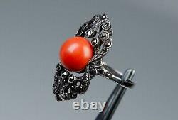 Silver Antique Art Deco Ring Natural Ø 0 7/16in Coral Markasite