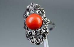 Silver Antique Art Deco Ring Natural Ø 0 7/16in Coral Markasite