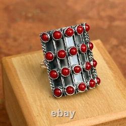 Sterling Silver Antiqued Red Bamboo Coral Large Statement Ring 5-Row Genuine 8