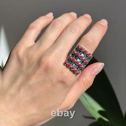 Sterling Silver Antiqued Red Bamboo Coral Large Statement Ring 5-Row Genuine 8