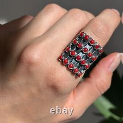 Sterling Silver Antiqued Red Bamboo Coral Large Statement Ring 5-Row Genuine 8