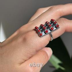 Sterling Silver Antiqued Red Bamboo Coral Large Statement Ring 5-Row Genuine 8