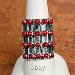 Sterling Silver Antiqued Red Bamboo Coral Large Statement Ring 5-Row Genuine 8