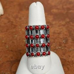 Sterling Silver Antiqued Red Bamboo Coral Large Statement Ring 5-Row Genuine 8