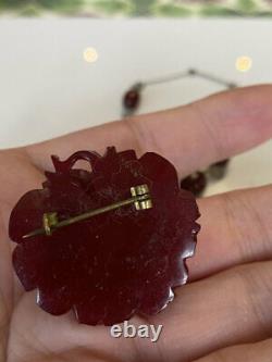 Superb Antique Art Deco Bakelite Cherry Amber Bead Necklace & Brooch Pin