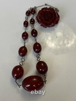 Superb Antique Art Deco Bakelite Cherry Amber Bead Necklace & Brooch Pin