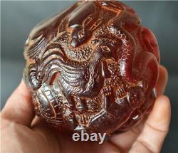 Tibetan Old Antique Cherry Dragon Amber Chinese Zodiac Carved Statue Ball Tibet
