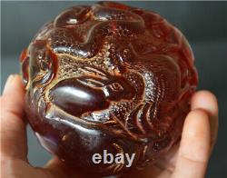 Tibetan Old Antique Cherry Dragon Amber Chinese Zodiac Carved Statue Ball Tibet