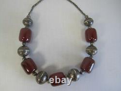 VINTAGE ANTIQUE CHERRY AMBER BAKELITE BEAD NECKLACE With NIELLO SILVER