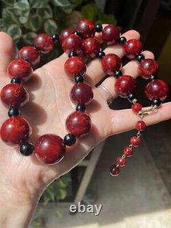VINTAGE BAKELITE NECKLACE Large Marble Beads Black Cherry Amber Catalin New Old