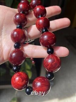 VINTAGE BAKELITE NECKLACE Large Marble Beads Black Cherry Amber Catalin New Old