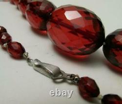 VINTAGE CHERRY AMBER BAKELITE OVAL FACETED BEAD NECKLACE 1920s ART DECO 56gm