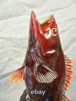 VINTAGE Chinese FINELY carved CHERRY AMBER LEAPING FISH SCULPTURE 28CM 1982 G