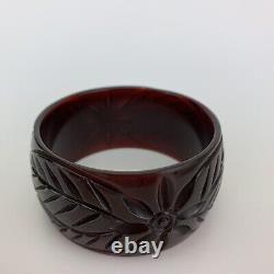 VTG Bakelite Bangle Bracelet Cherry Amber 1-3/8 Wide Carved Flower Leaf Wine
