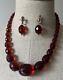 Vtg Cherry Amber Bakelite Graduated Faceted Beads Necklace & Earrings 10k Clasp