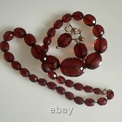 VTG Cherry Amber Bakelite Graduated Faceted Beads Necklace & Earrings 10K Clasp