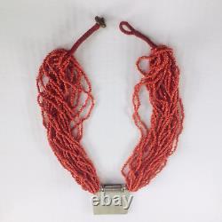 VTG Estate Necklace Hand Bead Red Coral 38 Multi-Strand Engraved Silver/Amber19