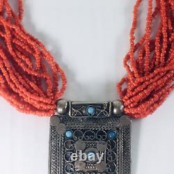 VTG Estate Necklace Hand Bead Red Coral 38 Multi-Strand Engraved Silver/Amber19