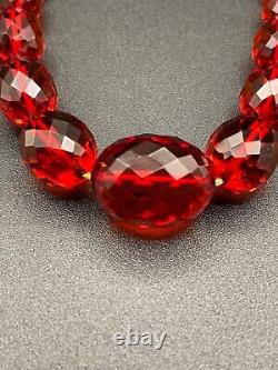 VTG Red Cherry Amber Bakelite Graduated Necklace Faceted Beads 28Long Art Deco