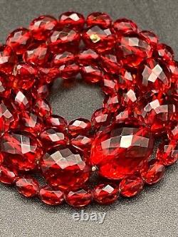 VTG Red Cherry Amber Bakelite Graduated Necklace Faceted Beads 28Long Art Deco