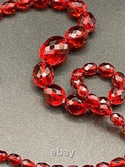 VTG Red Cherry Amber Bakelite Graduated Necklace Faceted Beads 28Long Art Deco