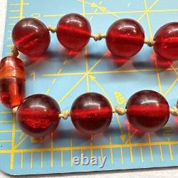 Vintage Art Deco Cherry Amber Lucite Or Bakelite Hand Knotted Beaded Necklace