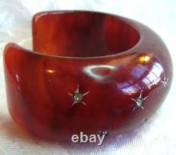 Vintage Art Deco Rare Cherry Amber Bakelite Cuff Bracelet Inlaid Crystals Stars