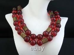 Vintage CHINESE Gilt Sterling Silver Cherry Amber Bakelite 2 Stand Necklace
