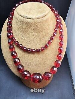 Vintage Cherry Amber Bakelite 32'' Long Oval Faceted Bead Necklace Art Deco 48 G