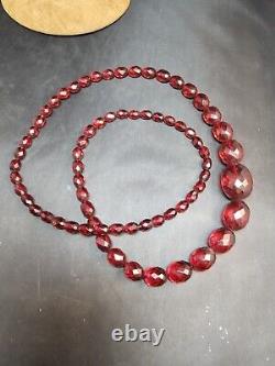 Vintage Cherry Amber Bakelite 32'' Long Oval Faceted Bead Necklace Art Deco 48 G