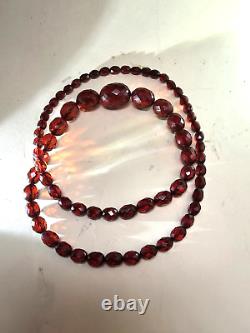 Vintage Cherry Amber Bakelite 32'' Long Oval Faceted Bead Necklace Art Deco 48 G