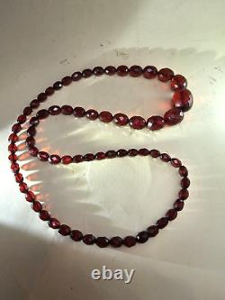 Vintage Cherry Amber Bakelite 32'' Long Oval Faceted Bead Necklace Art Deco 48 G