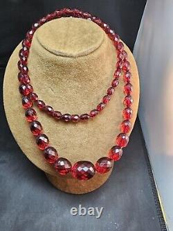 Vintage Cherry Amber Bakelite 32'' Long Oval Faceted Bead Necklace Art Deco 48 G